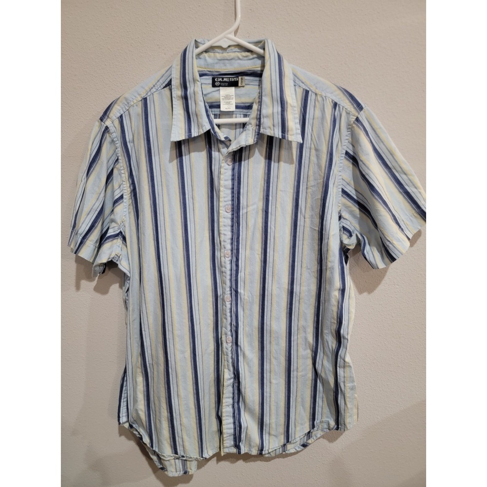 Guess Men's XL Blue White Vertical Stripe Short Sleeve Button‎ Down Shirt